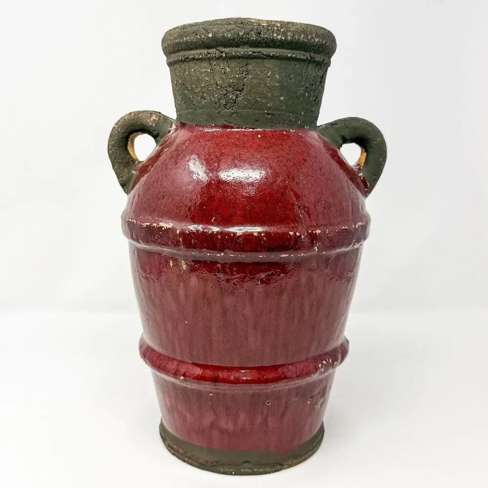 Vintage Rustic Studio Pottery Vase Oxblood Red Folk Art Handcrafted 12”